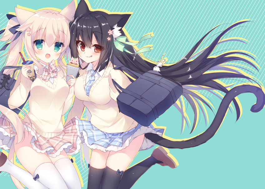 2girls animal_ears catgirl original school_uniform sumii tail