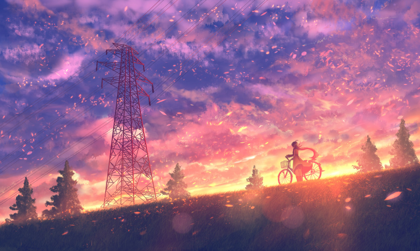 1girl ahoge basket bicycle bicycle_basket cloud cloudy_sky commentary_request dress dusk floating_hair from_below full_body grass ground_vehicle highres lens_flare long_hair long_sleeves looking_afar original outdoors petals power_lines sakimori_(hououbds) scenery sidesaddle sky solo sunlight sunset transmission_tower tree twilight walking_bike wind wind_lift