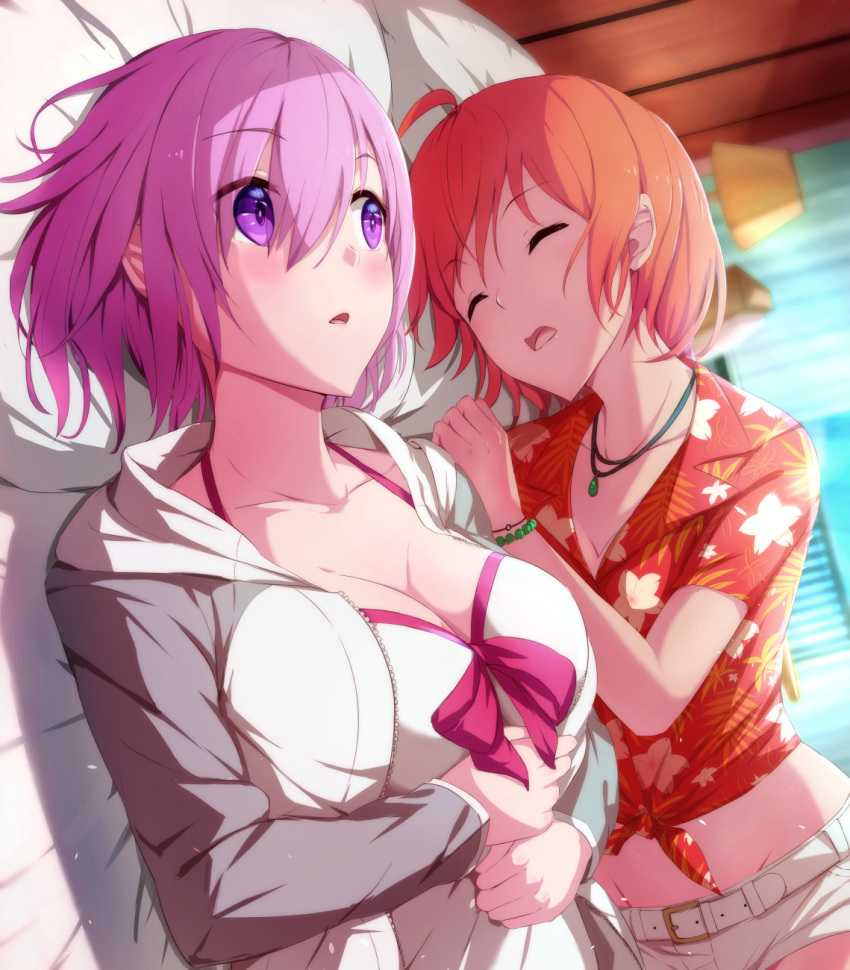 2girls ahoge bangs belt belt_buckle blush bow bracelet breasts buckle casual_one-piece_swimsuit cleavage closed_eyes collarbone desk_lamp dutch_angle eyebrows_visible_through_hair fate/grand_order fate_(series) floral_print fujimaru_ritsuka_(female) grey_sleeves groin hair_between_eyes hawaiian_shirt highres hood hood_down hooded_jacket indoors jacket jewelry lamp long_sleeves lying mash_kyrielight medium_breasts multiple_girls necklace on_back on_bed on_side one-piece_swimsuit open_clothes open_jacket open_mouth orange_hair pillow pink_bow pink_hair print_shirt purple_hair red_shirt sakaokasan shirt short_hair short_shorts short_sleeves shorts sleeping swimsuit swimsuit_of_perpetual_summer unzipped upper_body white_jacket white_shorts white_swimsuit