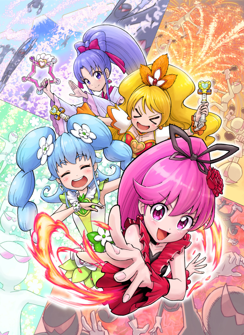 &gt;_&lt; 4girls :d aino_megumi anmitsu_komachi blonde_hair blue_hair bow bow_by_hair cherry_blossoms cherry_flamenco choiark choker closed_eyes closed_mouth coconut_samba cure_fortune cure_honey cure_lovely cure_princess dancing detached_sleeves fire flipped_hair flower fortune_tambourine green_bow hair_bow hair_flower hair_ornament happinesscharge_precure! happy highres hikawa_iona holding holding_wand ito_user_2810a japanese_clothes kimono long_hair looking_at_viewer macadamia_hula_dance magical_girl mountain multiple_girls oomori_yuuko open_mouth pink_bow pink_eyes pink_hair ponytail precure purple_eyes purple_hair red_flower red_rose red_sleeves rose shirayuki_hime smile twintails waist_bow wand white_kimono xd