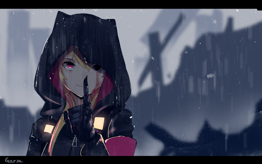 1girl absurdres black_gloves black_jacket blonde_hair blurry blurry_background commentary depth_of_field english_commentary finger_to_mouth girls_frontline gloves glowing highres hood hood_up hooded_jacket jacket letterboxed long_hair long_sleeves looking_at_viewer m4_sopmod_ii_(girls_frontline) outdoors parted_lips rain red_eyes shushing signature solo tegar32 upper_body