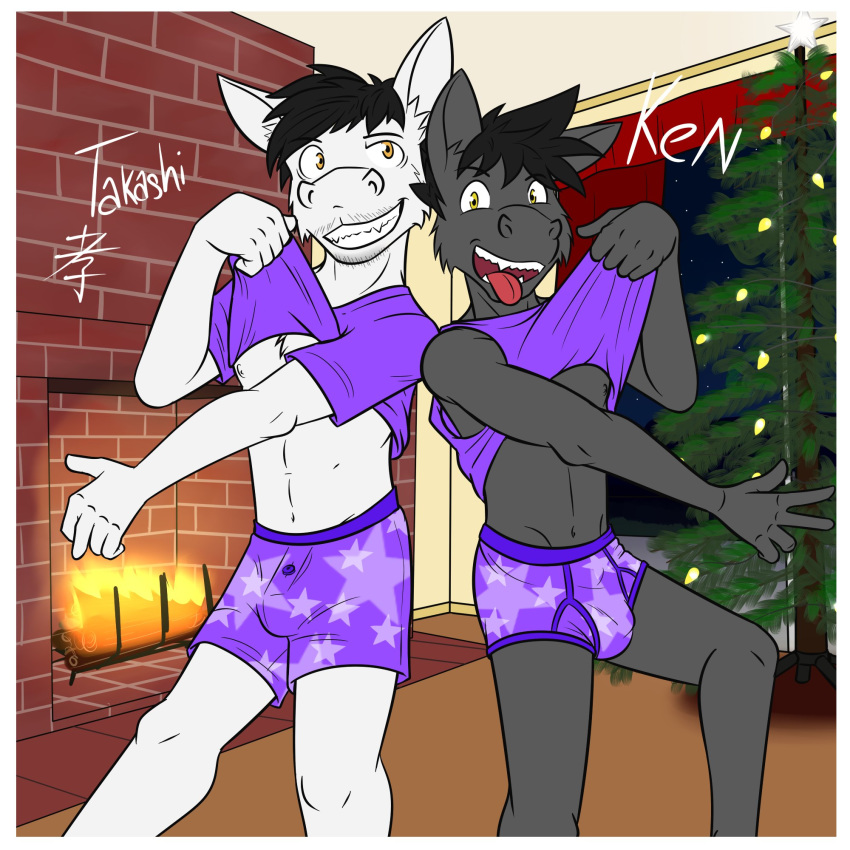 1:1 anthro boxers_(clothing) briefs bulge chiropteran christmas clothed clothing clothing_lift duo facial_hair father father_and_child father_and_son fuze hi_res holidays kenta_yamashita male mammal midriff navel nipples parent parent_and_child shirt shirt_lift son t-shirt tank_top texnatsu topwear underwear