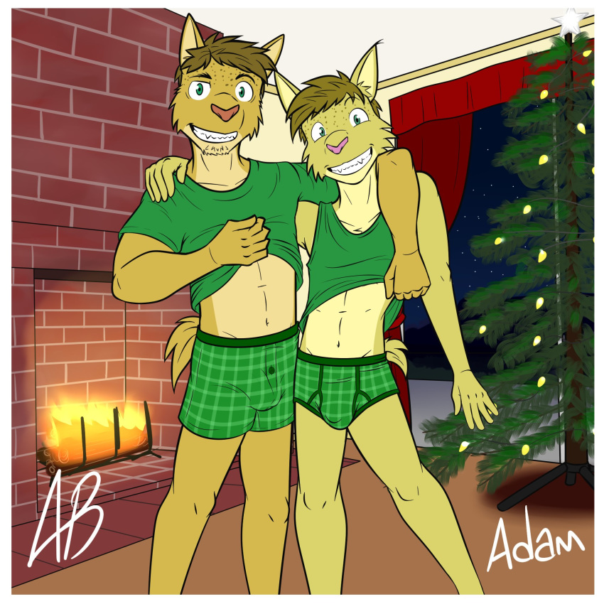 1:1 adam_caro anthro boxers_(clothing) briefs bulge christmas clothed clothing clothing_lift duo father father_and_child father_and_son felid feline fuze hi_res holidays lynx male mammal midriff navel parent parent_and_child shirt shirt_lift son t-shirt tank_top texnatsu topwear underwear