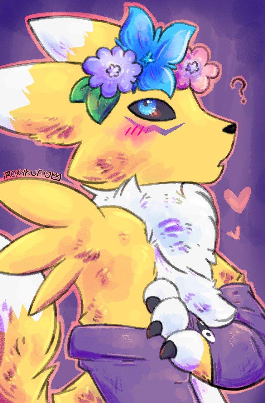 2019 ? absurd_res ambiguous_gender anthro blush canid canine digimon digimon_(species) digital_media_(artwork) embarrassed flower flower_crown fur hi_res iroxykun mammal open_mouth plant renamon solo white_body white_fur yellow_body yellow_fur