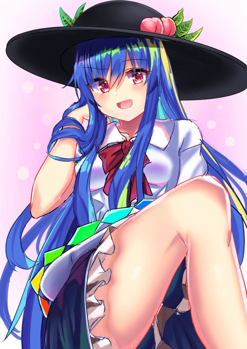 1girl :d absurdres afueeriru bangs black_headwear black_skirt blue_hair blush bow bowtie commentary_request eyebrows_visible_through_hair feet_out_of_frame food fruit hair_between_eyes hand_in_hair hand_up highres hinanawi_tenshi leaf long_hair looking_at_viewer miniskirt open_mouth peach petticoat pink_background puffy_short_sleeves puffy_sleeves red_bow red_eyes red_neckwear shirt short_sleeves sidelocks sitting skirt smile solo thighs touhou very_long_hair white_shirt