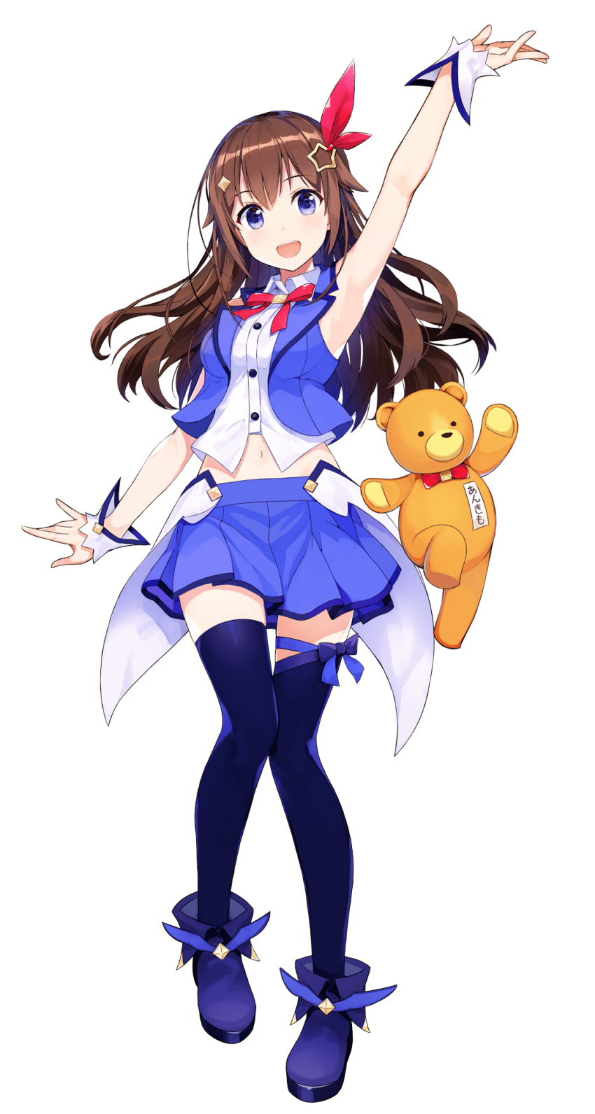 1girl :d amagai_tarou ankimo_(tokino_sora_channel) ankle_boots arm_up armpits asymmetrical_legwear black_legwear blue_bow blue_eyes blue_footwear blue_skirt blush boots bow breasts brown_hair buttons collared_shirt commentary commentary_request diamond_(shape) hair_bow hair_ornament hand_up highres hololive leg_ribbon long_hair looking_at_viewer medium_breasts miniskirt name_tag navel official_art open_mouth red_bow ribbon shirt shoes skindentation skirt sleeveless sleeveless_shirt smile star star_hair_ornament stuffed_animal stuffed_toy teddy_bear teeth thigh_strap thighhighs thighhighs_under_boots thighs tokino_sora tokino_sora_channel transparent_background vest vest_over_shirt virtual_youtuber visible_ears white_shirt winged_footwear wrist_cuffs zettai_ryouiki