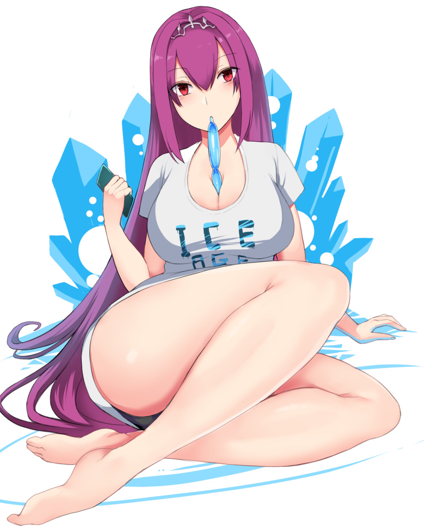 1girl absurdres alternate_costume black_panties breasts cellphone clothes_writing erimiko fate/grand_order fate_(series) hair_between_eyes highres holding holding_phone large_breasts long_hair panties phone purple_hair red_eyes scathach_(fate)_(all) scathach_skadi_(fate/grand_order) shirt short_sleeves sitting smartphone solo underwear very_long_hair white_shirt