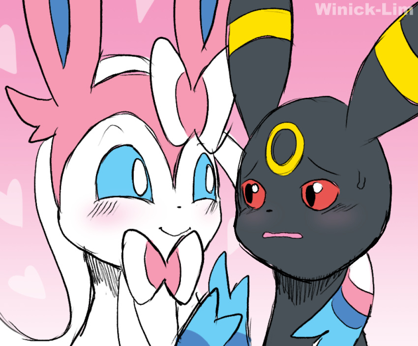 &lt;3 2019 black_body black_fur blue_eyes blush canid canine digital_media_(artwork) duo eeveelution feral fur gradient_background holidays mammal multicolored_body multicolored_fur nervous nintendo pok&eacute;mon pok&eacute;mon_(species) ribbons shy simple_background smile sylveon together umbreon valentine's_day video_games white_body white_fur winick-lim