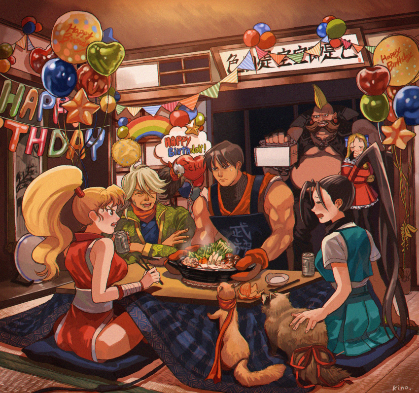 3boys 4girls absurdres balloon bird birdie_(street_fighter) black_hair blonde_hair don_(street_fighter) dougi ferret final_fight gai_(final_fight) genryuusai_maki grey_hair happy_birthday highres ibuki_(street_fighter) kanzuki_karin kotatsu mohawk multiple_boys multiple_girls pantyhose ponytail raccoon scarf school_uniform shariputra883 sitting street_fighter street_fighter_v table zeku