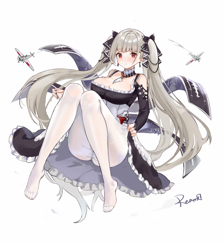 1girl aircraft artist_name ass azur_lane bare_shoulders between_breasts black_dress bow breasts bxr cleavage detached_collar dress feet flight_deck formidable_(azur_lane) frilled_dress frills grey_hair hair_bow highres knees_up large_breasts long_hair long_sleeves looking_at_viewer no_shoes pantyhose red_eyes simple_background solo twintails very_long_hair white_background white_legwear