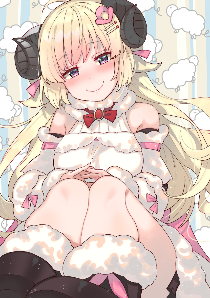 1girl absurdres blonde_hair blush breasts commentary_request detached_sleeves hair_ornament hairclip highres hololive horns looking_at_viewer purple_eyes sheep sheep_horns sitting smile solo tonari_no_kai_keruberosu virtual_youtuber wool