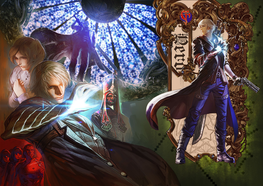 1girl closed_mouth coat dante_(devil_may_cry) devil_may_cry devil_may_cry_4 et.m gloves gun jacket kyrie multiple_boys nero_(devil_may_cry) robe short_hair silver_hair sword weapon white_hair