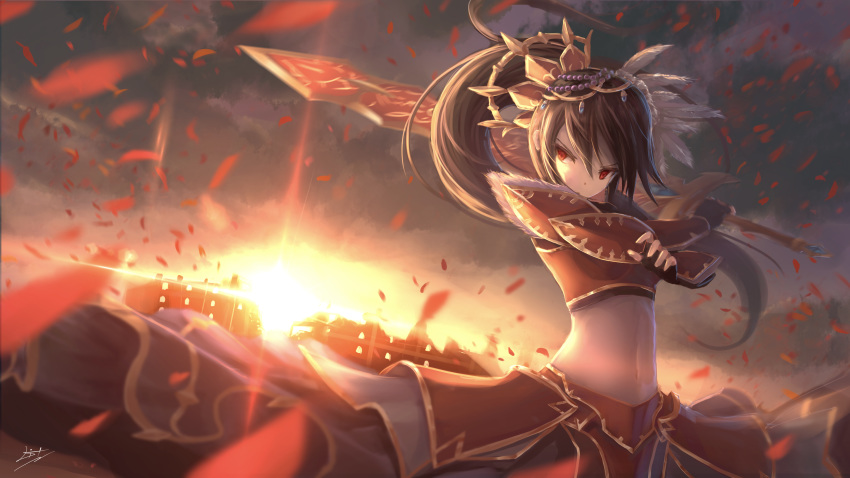 1girl absurdres armor beads black_gloves black_hair brave_frontier breastplate crop_top diffraction_spikes faulds feathers fingerless_gloves gauntlets gloves gold_trim hair_ornament highres holding holding_sword holding_weapon huge_filesize leaf leaves_in_wind litkung long_hair long_skirt looking_at_viewer midriff navel ponytail red_eyes seria signature skirt solo stomach sun sunlight sword upper_body weapon