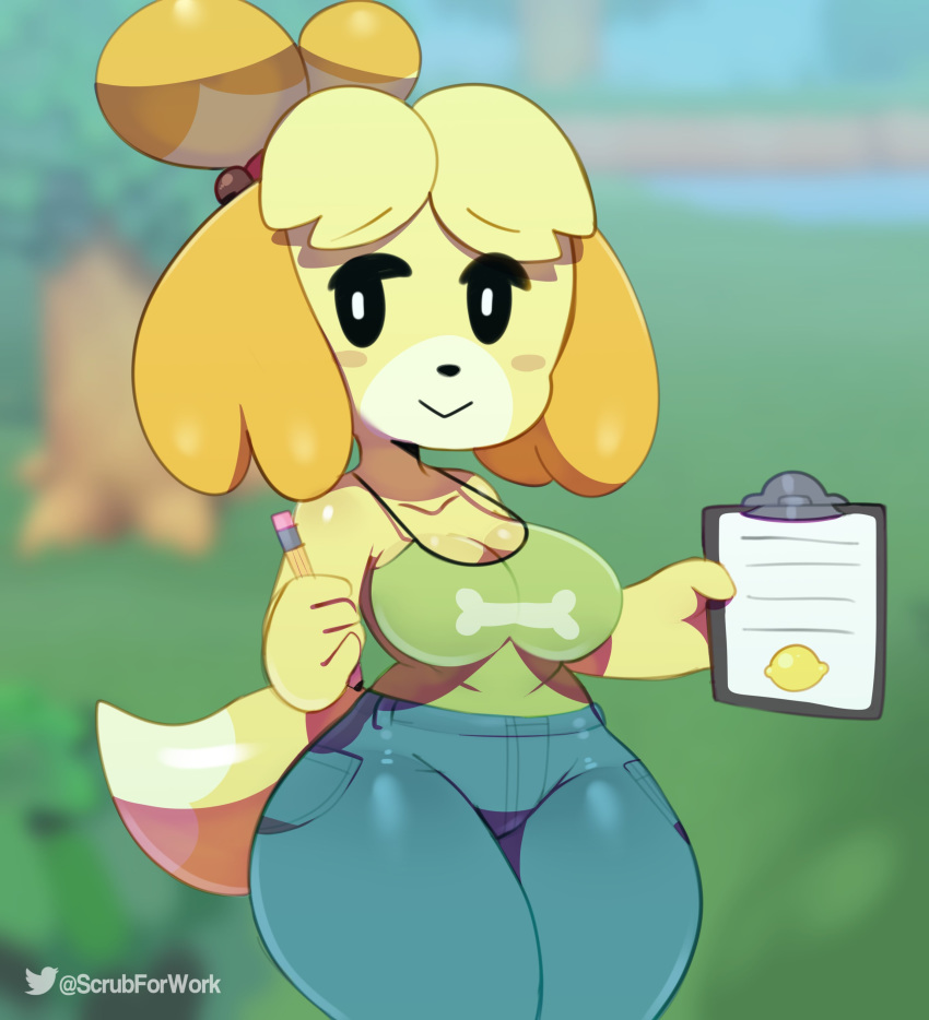 absurd_res animal_crossing anthro big_breasts bottomwear breasts canid canine canis cleavage clipboard clothed clothing domestic_dog female hi_res isabelle_(animal_crossing) jeans lemon looking_at_viewer mammal nintendo pants pencil_(disambiguation) shirt solo somescrub tank_top thick_thighs topwear video_games wide_hips