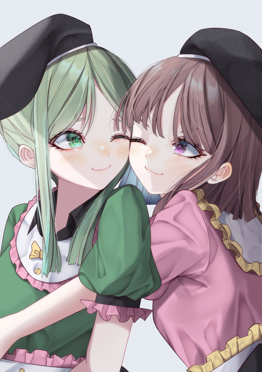 2girls absurdres apron arm_up bangs black_headwear blush bow breasts brown_hair buttons cheek-to-cheek closed_mouth collar collared_dress dress eyebrows_visible_through_hair eyes_visible_through_hair green_dress green_eyes green_hair green_sleeves grey_background hand_up hat heads_together highres hug hug_from_behind looking_at_another medium_breasts multiple_girls nishida_satono one_eye_closed pink_dress pink_sleeves puffy_short_sleeves puffy_sleeves purple_eyes short_hair short_hair_with_long_locks short_sleeves simple_background smile teireida_mai touhou tsune_(tune) white_apron yellow_bow yuri