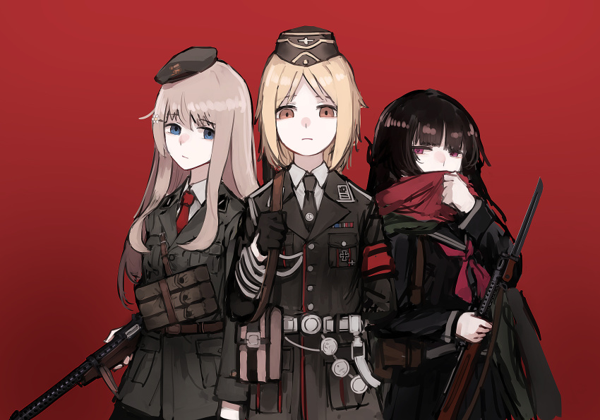 3girls bayonet beretta_model_38 beretta_model_38_(girls_frontline) black_hair blonde_hair brown_hair country_connection girls_frontline gun hat highres historical_connection military military_hat military_uniform mp40_(girls_frontline) multiple_girls necktie rampart1028 red_background scarf submachine_gun type_100_(girls_frontline) uniform weapon wehrmacht world_war_ii