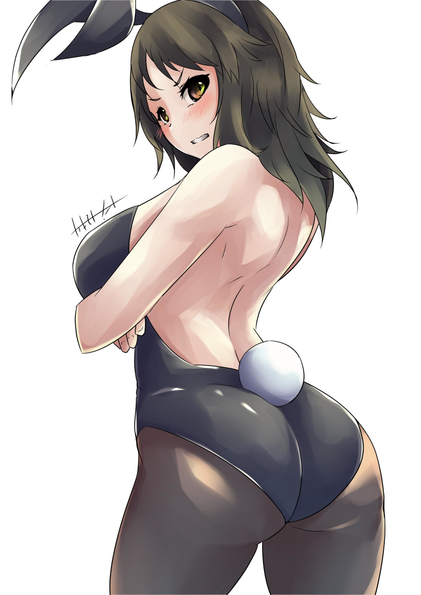 1girl absurdres animal_ears artist_name ass back backless_outfit bangs black_eyes black_hair black_legwear black_leotard blush bunny_ears bunny_tail bunnysuit commentary covering covering_breasts cowboy_shot crossed_arms fake_animal_ears fake_tail from_behind frown girls_und_panzer grimace highres kakimoto_nao leotard long_hair looking_at_viewer looking_back murakami_(girls_und_panzer) pantyhose signature simple_background solo standing tail white_background