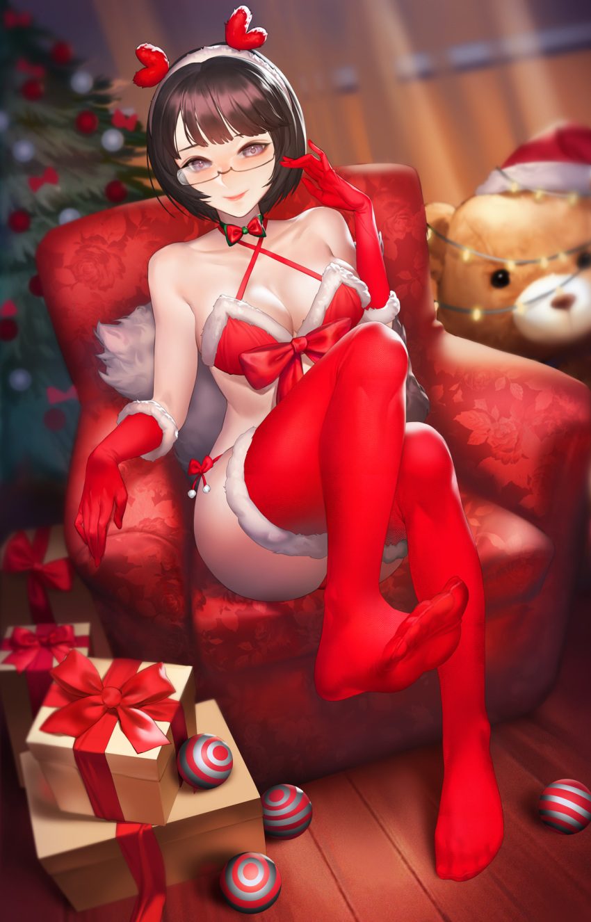 1girl armchair ball bangs black_eyes black_hair blush bow bow_bra bowtie box bra breasts chair christmas christmas_lights christmas_ornaments christmas_tree collarbone criss-cross_halter dutch_angle feet fengyin_shici_guozi full_body fur-trimmed_gloves fur-trimmed_legwear fur_trim gift gift_box glasses gloves hairband halter_top halterneck hat heart heart-shaped_pupils highres indoors large_breasts legs looking_at_viewer nose_blush original panties pillow red_bow red_bra red_gloves red_legwear red_panties santa_costume santa_hat semi-rimless_eyewear side-tie_panties sitting smile solo stuffed_animal stuffed_toy swept_bangs symbol-shaped_pupils teddy_bear thighhighs two-tone_bow under-rim_eyewear underwear white_hairband wooden_floor