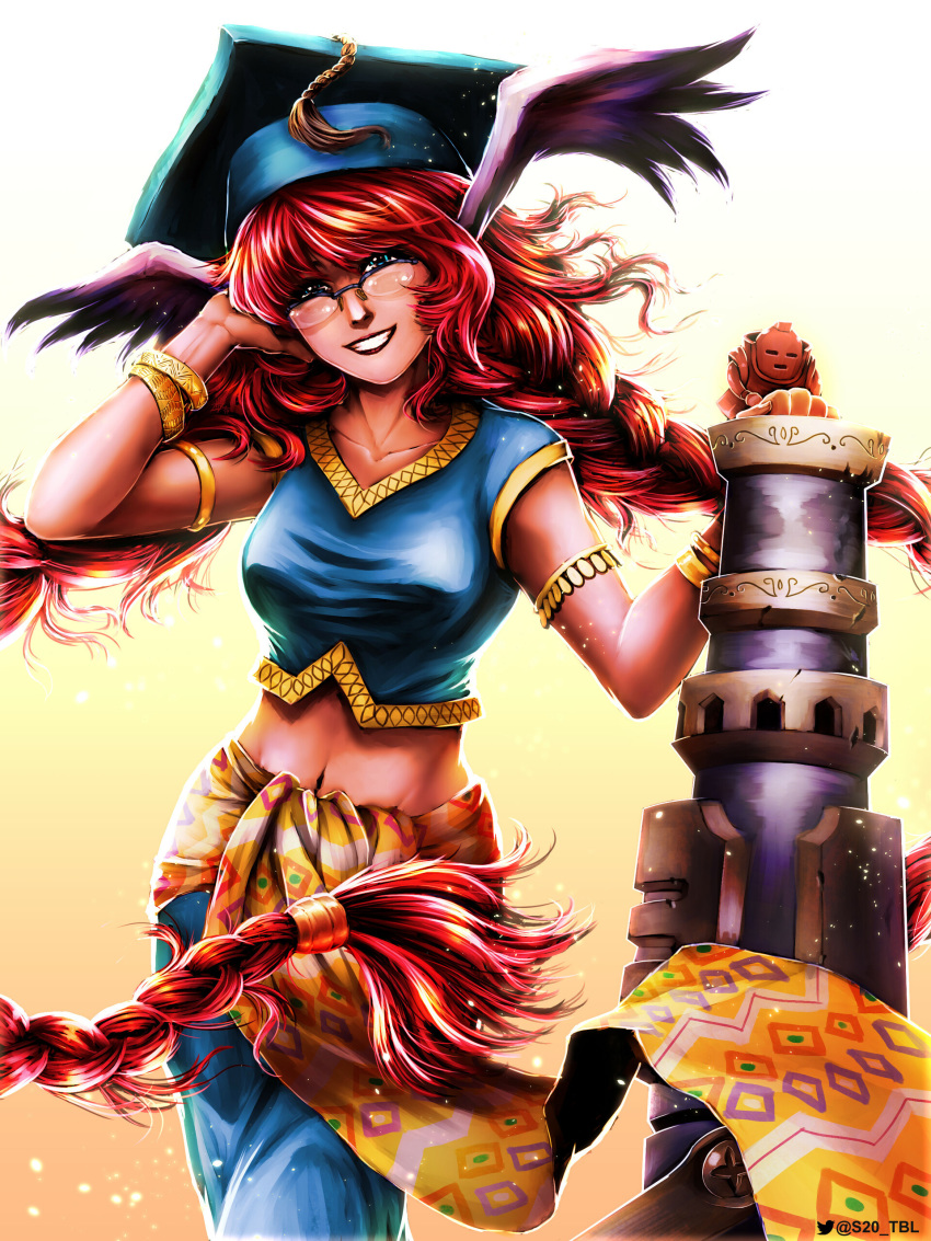 1girl absurdres animal_ears blue_eyes breath_of_fire breath_of_fire_iii chrysm_bazooka glasses hat highres honey_(breath_of_fire) long_hair midriff momo_(breath_of_fire) navel very_long_hair weapon