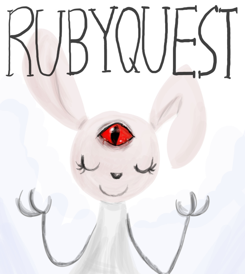 3_eyes anthro big_ears blood bodily_fluids cheetoo clothing crying_blood dress english_text eyes_closed female fur hi_res lagomorph leporid looking_at_viewer mammal multi_eye rabbit raised_arm red_eyes ruby_(rq) ruby_quest simple_background smile solo standing text white_background white_body white_fur