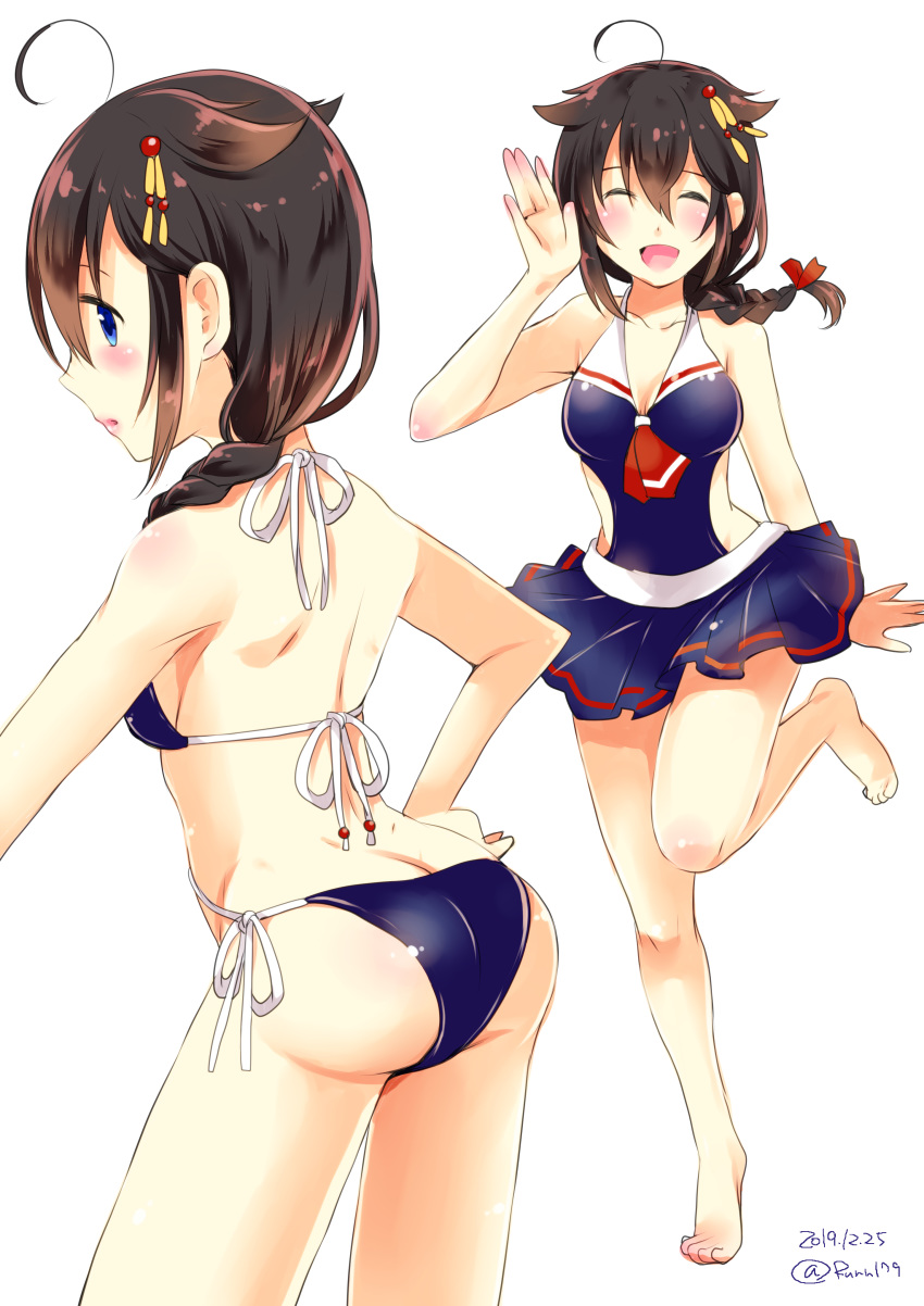 1girl absurdres ahoge aikawa_ruru alternate_costume ass bare_shoulders barefoot blue_eyes braid breasts brown_hair cleavage commentary_request facing_viewer from_side hair_flaps hair_ornament hair_over_shoulder highres kantai_collection leg_up medium_breasts multiple_views one-piece_swimsuit remodel_(kantai_collection) shigure_(kantai_collection) sideboob simple_background single_braid swimsuit white_background
