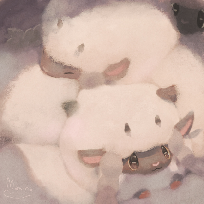 :3 animal_focus brown_eyes closed_eyes closed_mouth fluffy gen_8_pokemon highres looking_at_another manino_(mofuritaionaka) no_humans pokemon pokemon_(creature) sheep signature too_many wooloo
