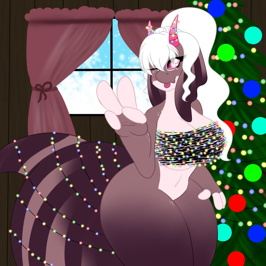 1:1 absurd_res anthro big_breasts breasts cetacean christmas christmas_lights christmas_tree coco curtains delphinoid dragon female freckles hair hi_res holidays horn huge_breasts hybrid looking_at_viewer mammal marine oceanic_dolphin orca pink_eyes simple_background snow solo tongue tongue_out toothed_whale tree white_hair window wynterowens