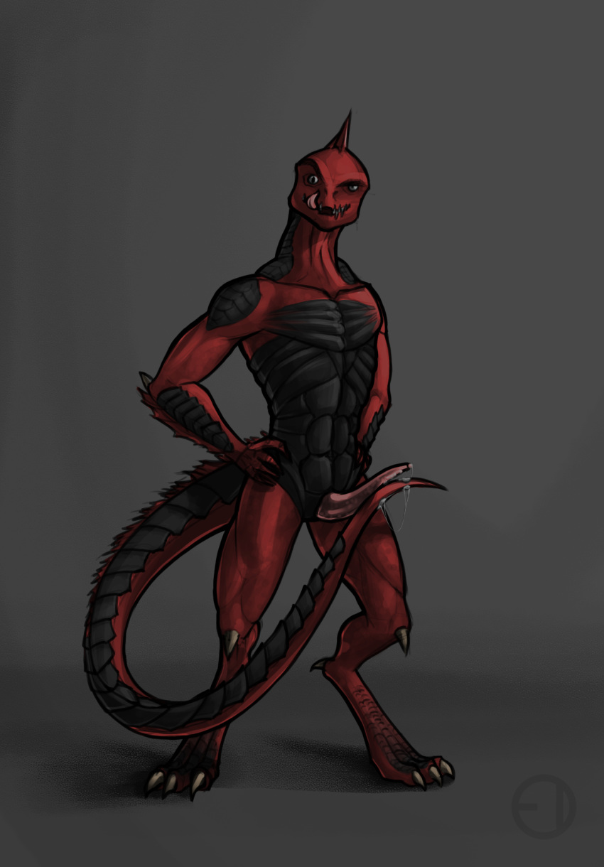 anthro bodily_fluids claws digital_media_(artwork) digitigrade divinity:_original_sin_2 genital_fluids hands_on_hips hi_res leaking licking licking_lips lizard lizard_(divinity) looking_at_viewer male nude penis precum presenting red_body red_scales reptile scales scalie simple_background solo standing tapering_penis the_red_prince tinfoil-man tongue tongue_out video_games