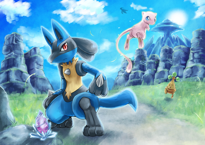 2018 ambiguous_gender anthro black_body black_fur blue_body blue_eyes blue_fur bonsly brown_body canid canine day detailed_background digital_media_(artwork) floating flower flying fur group legendary_pok&eacute;mon lucario mabuta_1 mammal mew nintendo pink_body pink_fur plant pok&eacute;mon pok&eacute;mon_(species) rear_view sky video_games yellow_body yellow_eyes yellow_fur