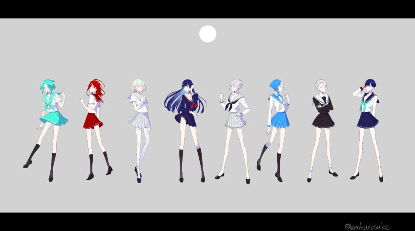 6+others ahoge androgynous antarcticite aqua_eyes aqua_hair aqua_neckwear aqua_sailor_collar aqua_skirt arm_at_side bangs bare_legs black_blouse black_footwear black_legwear black_neckwear black_sailor_collar black_serafuku black_skirt blouse blue_eyes blue_hair blue_sailor_collar blunt_bangs bob_cut cairngorm_(houseki_no_kuni) circle crossed_arms diamond_(houseki_no_kuni) euclase_(houseki_no_kuni) full_body full_moon golden_arms gradient gradient_hair grey_background grey_sailor_collar grey_skirt hair_strand hand_on_hip hand_up houseki_no_kuni index_finger_raised kneehighs kuro_no_suke_(kurotu962kurotu) lapis_lazuli_(houseki_no_kuni) letterboxed lineup long_hair long_sleeves looking_at_viewer miniskirt moon multicolored_hair multiple_others navy_blue_serafuku navy_blue_skirt neckerchief phosphophyllite phosphophyllite_(ll) pleated_skirt profile red_eyes red_hair red_sailor_collar sailor_collar school_uniform serafuku shinsha_(houseki_no_kuni) shoes short_hair short_hair_with_long_locks short_sleeves sidelocks simple_background skirt skirt_set smile socks spoilers standing thighhighs white_blouse white_legwear white_sailor_collar zettai_ryouiki