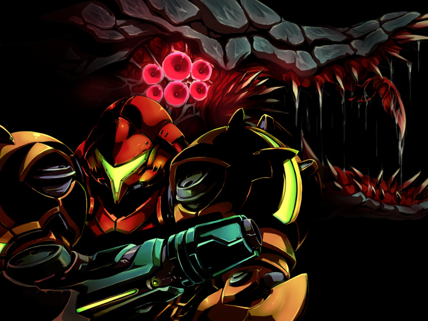 1girl black_background compound_eyes glowing glowing_eyes helmet looking_at_another looking_away marupon metroid power_suit queen_metroid saliva samus_aran sharp_teeth teeth tongue