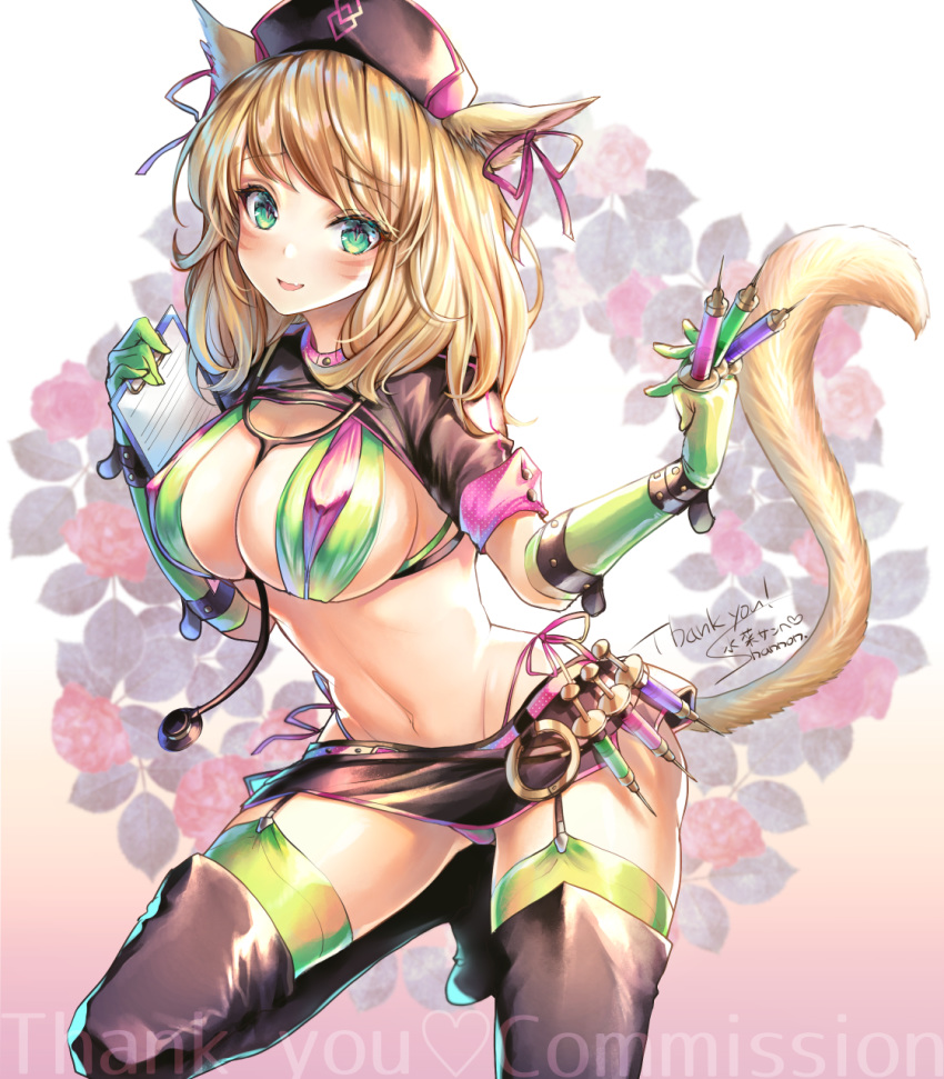 animal_ears bangs belt between_fingers bikini blonde_hair blush breasts cat_ears cat_tail clipboard commission cosplay covered_nipples eyebrows_visible_through_hair facial_mark fate/grand_order fate_(series) final_fantasy final_fantasy_xiv florence_nightingale_(fate/grand_order) florence_nightingale_(fate/grand_order)_(cosplay) gloves green_bikini green_eyes green_gloves green_legwear hat highres holding holding_syringe large_breasts layered_bikini looking_at_viewer medium_hair microskirt mii@chiffonx miqo'te navel nurse_cap pink_belt purple_bikini revealing_clothes rubber_gloves shrug_(clothing) signature skirt slit_pupils squatting stethoscope swimsuit syringe tail thighhighs_under_boots trick_or_treatment watermark whisker_markings