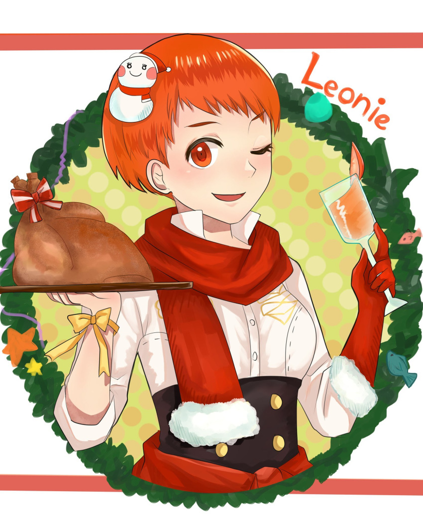 1girl bow character_name cup drinking_glass fire_emblem fire_emblem:_three_houses fur_trim garreg_mach_monastery_uniform gloves highres holding holding_cup leonie_pinelli one_eye_closed open_mouth orange_eyes orange_hair otokajife red_gloves red_scarf scarf short_hair snowman_hair_ornament solo uniform upper_body wine_glass