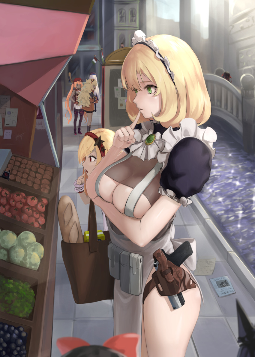 2girls alternate_costume apron arm_under_breasts bag baguette bangs beretta_model_38_(girls_frontline) beretta_px4 bread breast_hold breasts chaciooh character_request cleavage commentary_request day enmaided eyebrows_visible_through_hair finger_to_mouth food frills fruit girls_frontline grapes green_eyes groceries grocery_bag gun hair_between_eyes hairband handgun highres holding holding_bag holstered_weapon large_breasts load_bearing_equipment long_hair maid maid_apron maid_headdress multiple_girls outdoors puffy_sleeves px4_storm_(girls_frontline) red_eyes red_hairband revealing_clothes shopping_bag tomato vegetable waist_apron water weapon white_apron wrist_cuffs