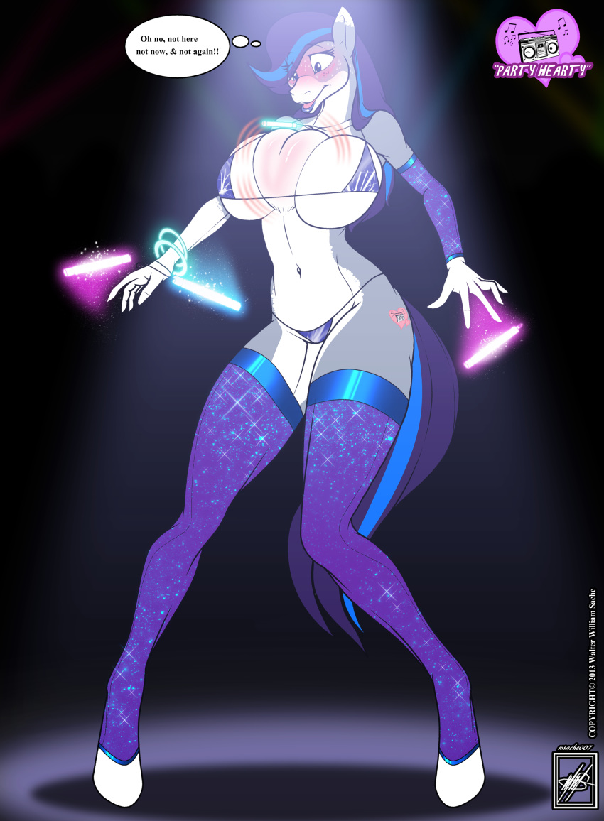 &lt;3 2013 absurd_res anthro big_breasts bikini blue_eyes blue_lips blush bracelet breasts bulge clothed clothing cutie_mark dancing digital_media_(artwork) equid equine female freckles fur glow_sticks glowing hair hi_res horse jewelry legwear lips lipstick looking_at_viewer makeup mammal multicolored_hair my_little_pony panic_(emotion) party party_hearty radio rave skimpy socks solo stockings swimwear thick_bottom_lip thigh_highs tight_clothing toeless_socks two_tone_hair walter_sache white_body white_fur