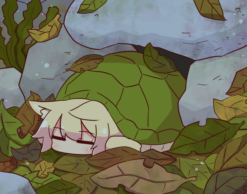 1girl animal_ear_fluff animal_ears animalization blonde_hair closed_eyes fox_ears kemomimi-chan_(naga_u) leaf naga_u original rock sleeping solo turtle turtle_shell