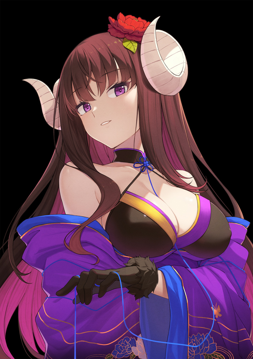 1girl azur_lane bangs bare_shoulders baseness between_breasts bikini black_background black_bikini black_gloves blue_ribbon breasts brown_hair cleavage collarbone eyebrows_visible_through_hair flower flower_knot fur-trimmed_gloves fur_trim gloves hair_flower hair_ornament highres horns japanese_clothes kimono kimono_pull large_breasts multicolored_hair off_shoulder parted_lips pink_hair purple_eyes purple_kimono red_flower ribbon simple_background smile solo suruga_(azur_lane) suruga_(hundred_flower's_auspice)_(azur_lane) swimsuit two-tone_hair upper_body