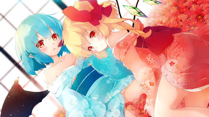 2girls alternate_costume bangs bare_shoulders bat_wings blonde_hair blue_hair blue_kimono blue_sash blush bow collarbone commentary_request crystal dutch_angle eyebrows_visible_through_hair feet_out_of_frame flandre_scarlet floral_print flower gengetsu_chihiro hair_between_eyes hair_bow highres japanese_clothes kimono light_particles long_hair looking_at_viewer multiple_girls no_hat no_headwear obi off_shoulder one_side_up open_mouth pointy_ears red_bow red_eyes red_flower red_kimono red_sash remilia_scarlet sash short_hair short_kimono siblings sidelocks sisters sitting smile thighs touhou window wings