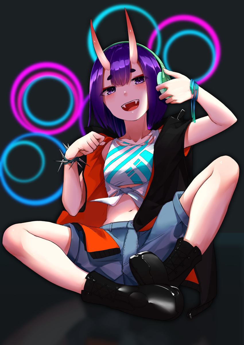 1girl :d absurdres alternate_costume bare_legs black_footwear black_vest blue_shorts blush boots commentary_request crop_top dingding_tu fangs fate/grand_order fate_(series) full_body hair_between_eyes hands_up happy headphones highres hood hood_down hooded_vest horns knees_apart_feet_together knees_up looking_at_viewer midriff oni open_clothes open_mouth open_vest punkish_gothic purple_eyes purple_hair short_hair short_shorts shorts shuten_douji_(fate/grand_order) sitting smile solo spiked_armlet vest