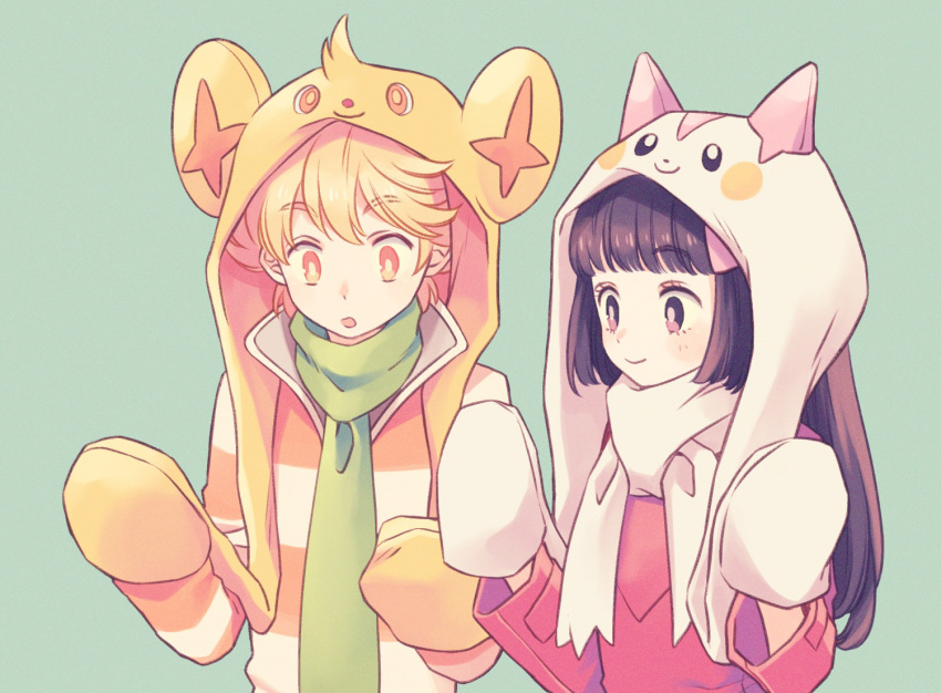 1boy 1girl :o alternate_color animal_hood bangs black_hair blonde_hair blunt_bangs closed_mouth cosplay green_background green_scarf headwear_with_attached_mittens hikari_(pokemon) hime_cut hood jun_(pokemon) komasawa_(fmn-ppp) long_hair long_sleeves looking_at_hands mittens orange_eyes pachirisu pachirisu_(cosplay) pokemon pokemon_(game) pokemon_dppt scarf shinx shinx_(cosplay) shiny_pokemon shirt sidelocks simple_background smile striped striped_shirt surprised up upper_body white_mittens white_scarf winter_clothes yellow_headwear yellow_mittens