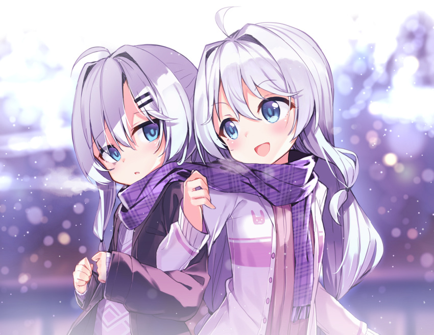 2girls :d ahoge bangs black_jacket blue_eyes blurry blurry_background blush brown_sweater darnell depth_of_field eyebrows_visible_through_hair fringe_trim grey_sweater hair_between_eyes hair_intakes hair_ornament hairclip jacket locked_arms long_hair long_sleeves looking_at_another multiple_girls open_clothes open_jacket open_mouth parted_lips plaid plaid_scarf purple_scarf ribbed_sweater scarf silver_hair smile soul_worker stella_unibell sweater upper_body very_long_hair white_jacket