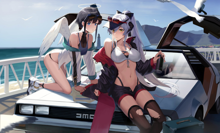 1girl 2girls absurdres all_fours angel_wings ass bare_shoulders bikini bird black_bikini_bottom black_bow black_hair black_headwear black_jacket black_legwear black_shorts blue_eyes blue_sky bow box breasts can car cleavage commentary_request day delorean demon_girl demon_horns earrings eyewear_on_head ground_vehicle hair_bow halo highres holding holding_can horns jacket jewelry large_breasts long_hair long_sleeves medium_breasts mismatched_bikini mixed-language_commentary motor_vehicle multiple_girls navel nori_tamahana ocean off_shoulder open_clothes open_fly open_jacket open_shorts original outdoors red-framed_eyewear short_hair shorts sidelocks silver_hair single_bare_shoulder sky soda_can stomach sunglasses swimsuit thighhighs thong torn_clothes torn_legwear very_long_hair visor_cap water white_bikini_top white_footwear white_jacket white_wings wings yellow_eyes