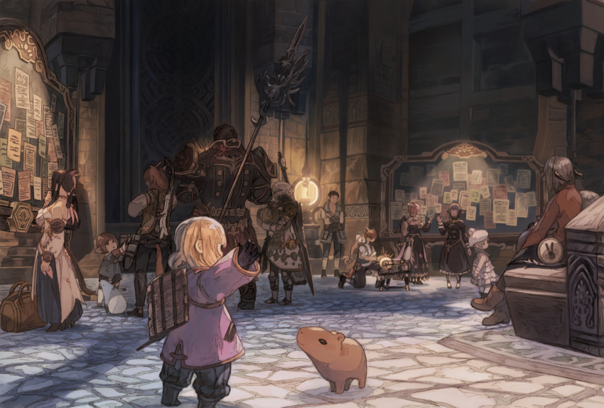 3boys 6+girls animal_ears armor astrologian_(final_fantasy) au_ra bag bare_shoulders black_hair blonde_hair blue_skirt capybara cat_ears cat_girl cat_tail dark_knight_(final_fantasy) detached_sleeves dragon_girl dragon_horns dragoon_(final_fantasy) final_fantasy final_fantasy_xiv gloves hat horns hyur lalafell long_skirt long_sleeves low_twintails machinist_(final_fantasy) maekakekamen miqo'te multiple_boys multiple_girls pointy_ears polearm poster_(object) red_panda roegadyn sitting skirt spear standing sword tail tapir twintails ul'dah weapon white_headwear