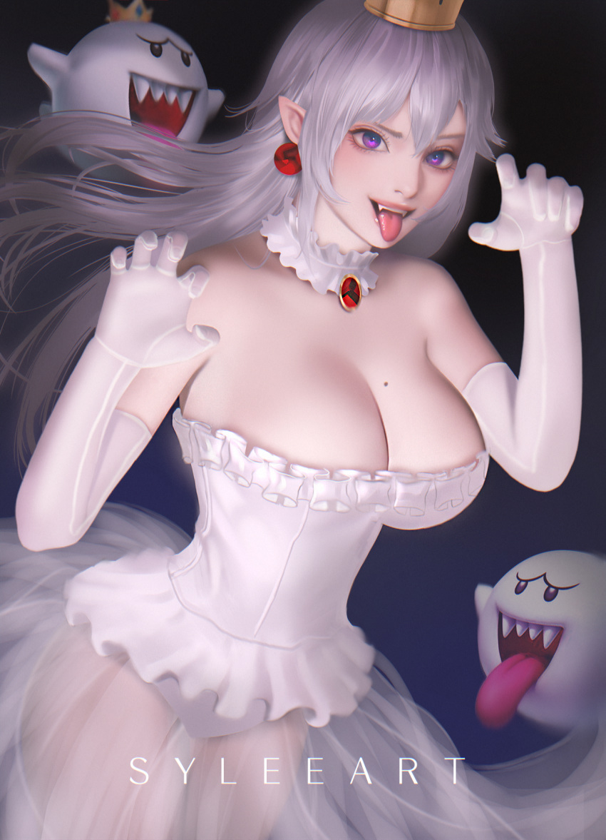 1girl artist_name bangs bare_shoulders boo breasts claw_pose cleavage commentary crown dark_background detached_collar dress earrings elbow_gloves english_commentary fangs frilled_dress frills gem ghost gloves gradient gradient_background highres jewelry king_boo large_breasts long_hair mario_(series) mole mole_on_breast open_mouth pointy_ears princess_king_boo purple_eyes see-through sharp_teeth silver_hair smile strapless strapless_dress teeth thaumazo tongue tongue_out upper_teeth very_long_hair white_dress white_gloves