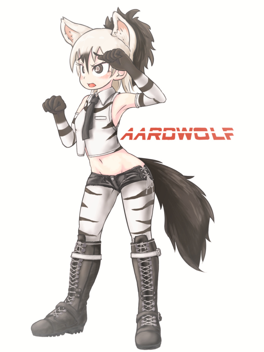 1girl aardwolf_(kemono_friends) aardwolf_ears aardwolf_print aardwolf_tail adapted_costume animal_ear_fluff animal_ears animal_print arm_up armpits bare_shoulders black_eyes black_footwear black_hair black_neckwear black_shorts boots breast_pocket character_name collared_shirt commentary_request crop_top cropped_shirt cross-laced_footwear elbow_gloves extra_ears eyebrows_visible_through_hair full_body gloves grey_hair groin hair_between_eyes hand_up high_ponytail highres juuen_sharin kemono_friends knee_boots lace-up_boots legwear_under_shorts looking_afar medium_hair midriff multicolored_hair navel necktie open_mouth pantyhose pocket ponytail print_gloves print_legwear print_shirt shirt short_shorts shorts side-tie_bottom side-tie_shorts simple_background sleeveless sleeveless_shirt solo standing stomach tail two-tone_hair white_background wing_collar