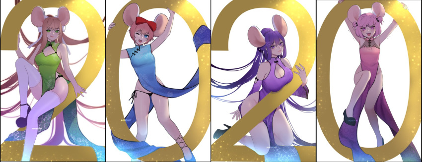2020 4girls :d :q ;d alternate_costume animal_ears artist_name bare_arms bare_shoulders black_footwear black_panties blue_dress blue_eyes breasts brown_hair chinese_zodiac cleavage commentary detached_sleeves doki_doki_literature_club double_bun dress english_commentary eyebrows_visible_through_hair fang green_dress green_eyes hair_ornament hair_ribbon hairclip high_heels highres large_breasts long_hair looking_at_viewer medium_breasts monika_(doki_doki_literature_club) mouse_ears multiple_girls natsuki_(doki_doki_literature_club) no_panties one_eye_closed open_mouth panties pink_dress pink_eyes pink_hair ponytail potetos7 purple_dress purple_eyes purple_hair ribbon shoes short_hair side-tie_panties side_slit sleeveless sleeveless_dress smile sos-dan_logo thighhighs tongue tongue_out underwear v-shaped_eyebrows very_long_hair watermark white_legwear white_ribbon wide_sleeves year_of_the_rat yuri_(doki_doki_literature_club)
