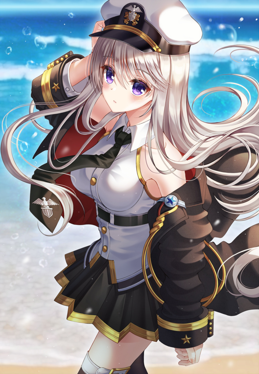 1girl arm_up azur_lane bare_shoulders beach belt black_coat black_skirt breasts bubble buttons coat collared_shirt cowboy_shot day ecu8080 enterprise_(azur_lane) floating_hair hat highres long_hair long_sleeves looking_at_viewer medium_breasts military military_hat military_uniform miniskirt necktie off_shoulder open_clothes open_coat peaked_cap pleated_skirt purple_eyes revision shirt silver_hair skirt sleeveless sleeveless_shirt solo standing thighhighs uniform water white_shirt zettai_ryouiki