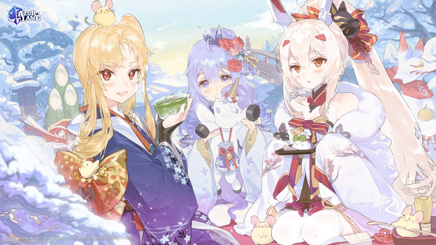 3girls ayanami_(azur_lane) ayanami_(pulse_of_the_new_year)_(azur_lane) azur_lane bag banned_artist bare_shoulders blonde_hair blue_kimono blush bow cleveland_(azur_lane) cleveland_(new_year's_challenge!)_(azur_lane) commentary cup day floral_print flower fox_mask hair_between_eyes hair_flower hair_ornament headpiece highres japanese_clothes kadomatsu kagami_mochi kimono kinchaku kissai lavender_eyes lavender_hair logo long_hair long_sleeves looking_at_viewer manjuu_(azur_lane) mask mouse multiple_girls new_year off-shoulder_kimono outdoors parted_lips ponytail pouch red_eyes side_ponytail silver_hair sitting sleeves_past_wrists smile snow stuffed_unicorn tray tree unicorn_(azur_lane) unicorn_(prayer_of_plum_and_snow)_(azur_lane) wariza watermark white_kimono wide_sleeves winter