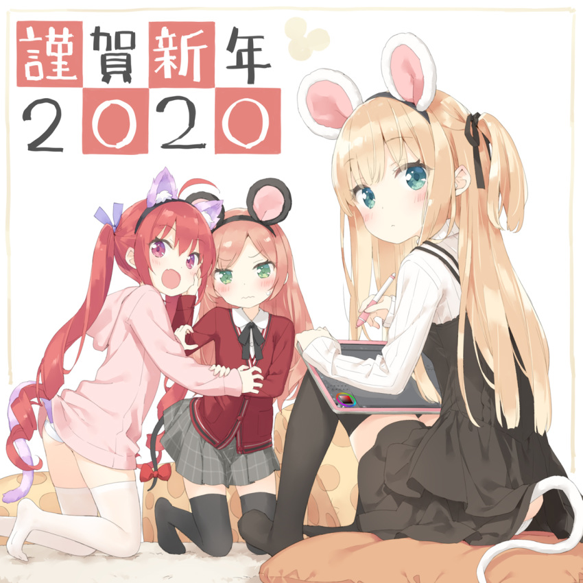 3girls :d animal_ear_fluff animal_ears bangs black_dress black_hairband black_legwear black_ribbon blonde_hair blush brown_hair cat_ears cat_girl cat_tail chinese_zodiac closed_mouth collared_shirt commentary_request drawing_tablet dress eyebrows_visible_through_hair fake_animal_ears fang green_eyes grey_skirt hair_ribbon hairband hazuki_watora highres holding holding_stylus hood hood_down hoodie jacket kneeling knees_up long_hair long_sleeves minazuki_sarami mouse_ears mouse_girl mouse_tail multiple_girls no_shoes one_side_up open_mouth original panties parted_bangs peko pink_hoodie pleated_skirt purple_eyes red_hair red_jacket ribbon shimotsuki_potofu shirt sitting skirt sleeveless sleeveless_dress sleeves_past_wrists smile stylus tail thighhighs twintails underwear v-shaped_eyebrows very_long_hair wavy_mouth white_legwear white_panties white_shirt year_of_the_rat