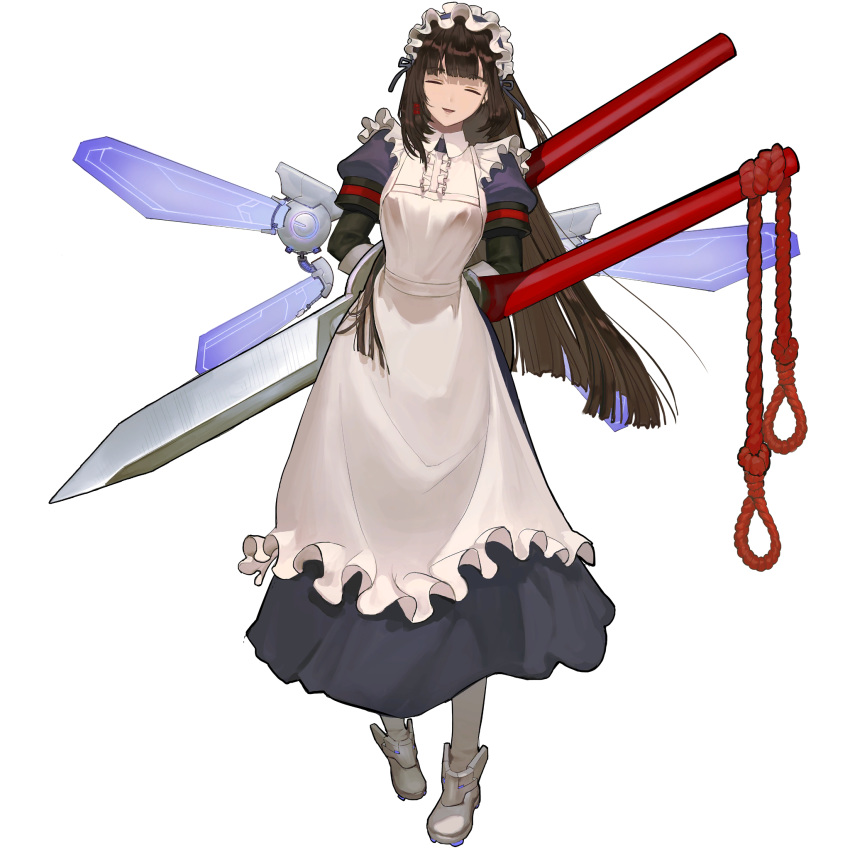 1girl apron bangs blunt_bangs boots closed_eyes dress full_body highres huge_weapon last_origin maid maid_headdress navy_blue_neckwear official_art pantyhose puffy_short_sleeves puffy_sleeves rorobomb scissors scissors_lise short_sleeves solo tachi-e weapon white_legwear wings